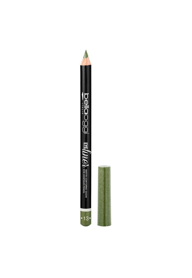 Pencil contorno occhi verde con corpo nero, caratterizzato da testo bianco e un tappo verde abbinato. La matita ha una punta affilata per un'applicazione precisa.