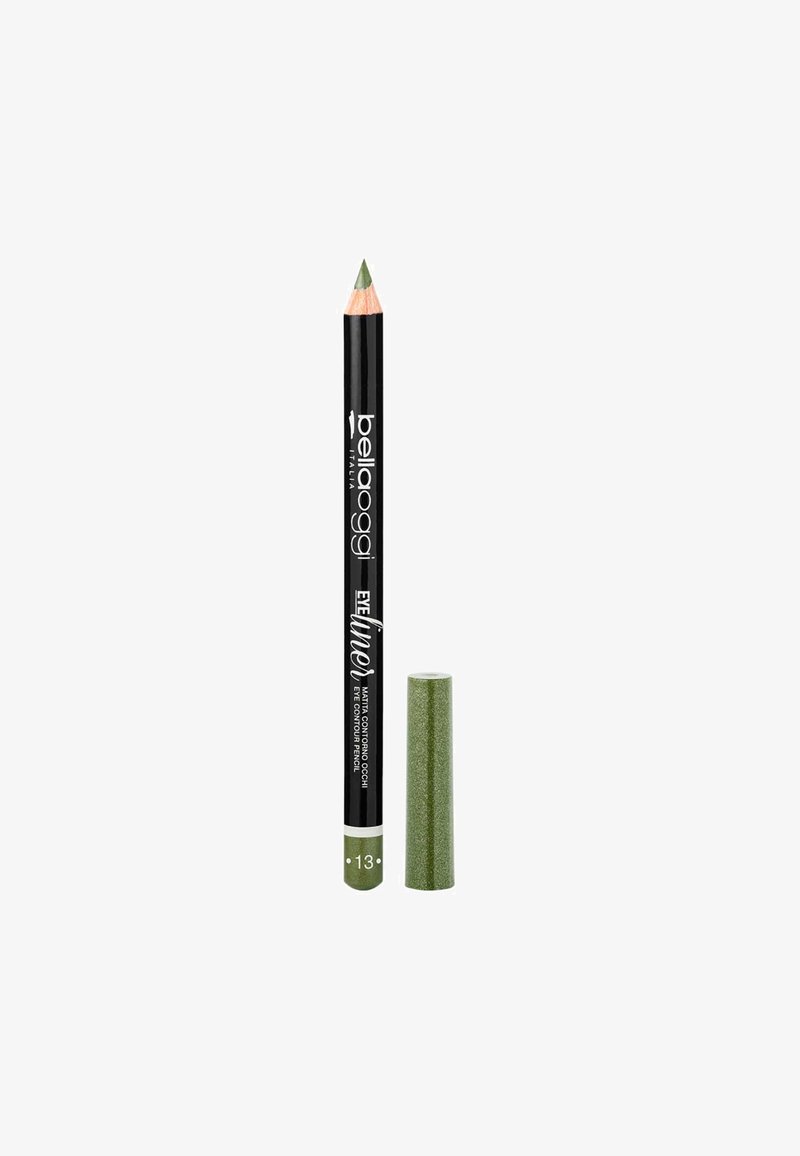 Pencil contorno occhi verde con corpo nero, caratterizzato da testo bianco e un tappo verde abbinato. La matita ha una punta affilata per un'applicazione precisa.