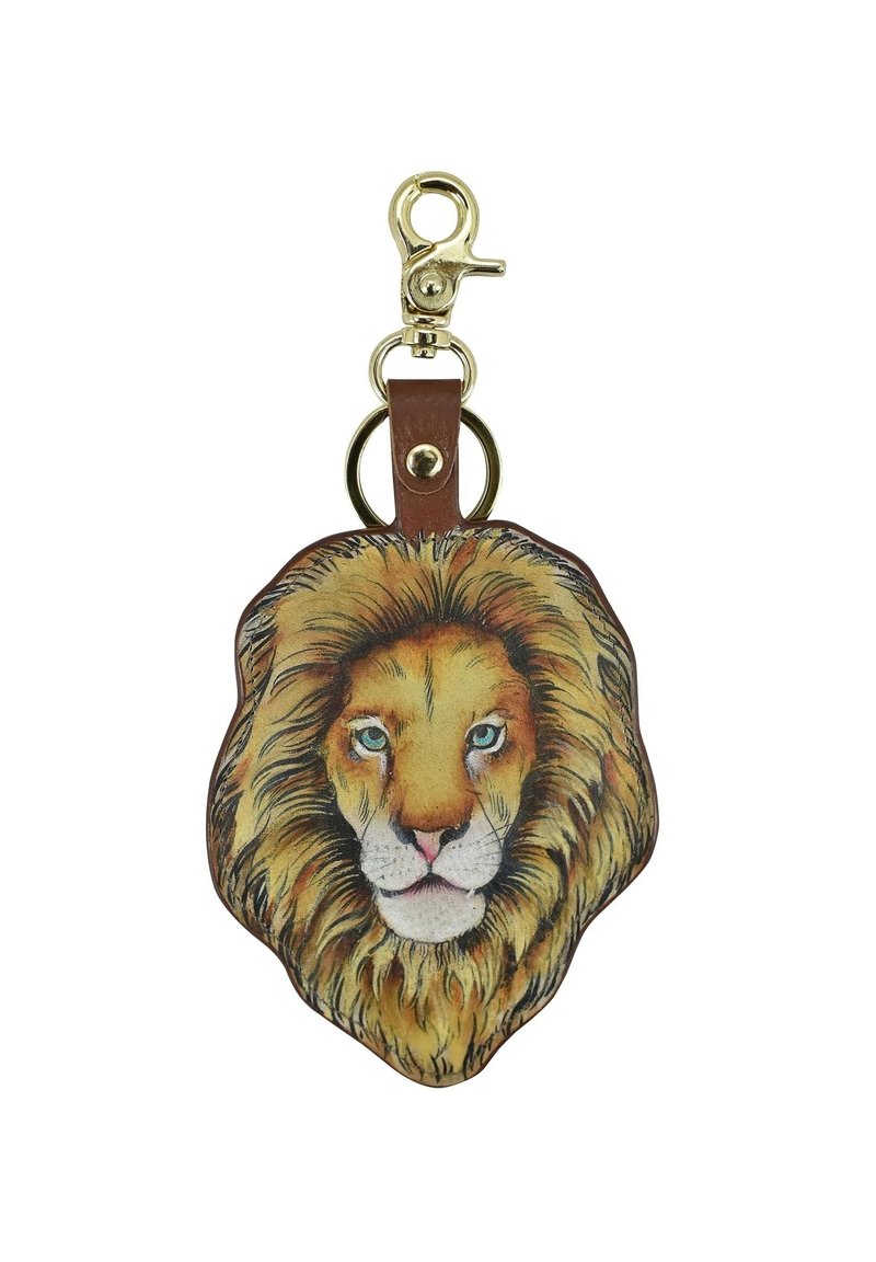Löwenförmiger Schlüsselanhänger mit detaillierter Illustration, der eine goldene Mähne und blaue Augen zeigt, befestigt an einem braunen Lederband mit einem goldenen Clip.