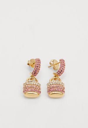 Gold-tone earrings featuring a lock design with pink and clear rhinestone accents, textured detailing, and a circular post backing.