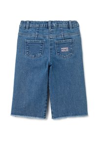 Pantalones cortos de mezclilla con un lavado azul, cinturilla elástica, dos bolsillos traseros y detalle bordado en rosa "MINNIE MOUSE" en el bolsillo derecho.