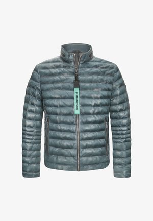 Hellblauer gesteppter Mantel mit hohem Kragen, Reißverschlussfront und zwei Seitentaschen. Hergestellt aus glattem, strukturiertem Material. Verfügt über ein Markenetikett.