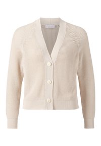 Beige stickad cardigan med V-ringning, långa ärmar och knäppning med fyra knappar. Ribbad manschetter och nederkant, som visar ett strukturerat mönster.