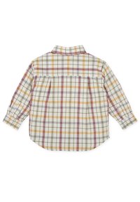 Camisa de manga larga a cuadros con un patrón de cuadros blanco, verde, amarillo y granate, con cuello clásico y puños con botones.