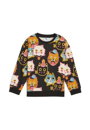 Czarny sweatshirt z kolorowymi twarzami kotów w różnych wzorach. Okrągły dekolt, ściągacze przy mankietach i u dołu, wykonany z miękkiego materiału.