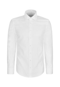 Chemise blanche manches longues à boutons avec col et poignets classiques, présentée sur un fond blanc uni.