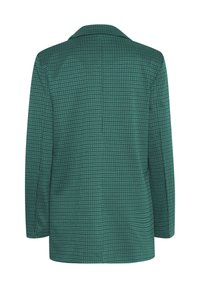 Zeleni karo sako s reverima s prorezom, dugim rukavima i ležernim krojem. Tkanina s uzorkom mreže i prorezom straga.