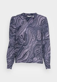 Camisola de mangas longas com um padrão ondulado em roxo e azul-marinho, apresentando um colarinho redondo e mangas franzidas. Tecido macio e suave.