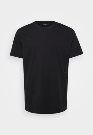 Sort kortærmet t-shirt lavet af bomuld. Har en rund halsudskæring og en glat overflade med en afslappet pasform. Enkel, ensfarvet design.