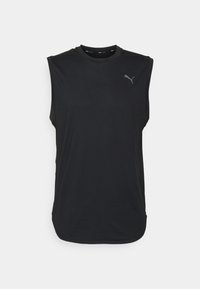 Maglietta atletica nera senza maniche realizzata in un tessuto leggero, con scollo rotondo e un discreto logo Puma grigio sul petto.