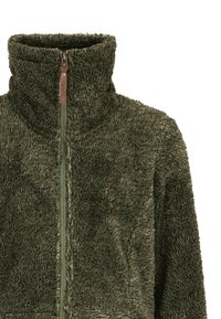 Olivově zelená fleecová bunda na zip s vysokým límcem a měkkým texturovaným materiálem.