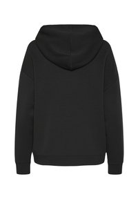 Sweat à capuche noir à manches longues avec capuche cousue, poignets et taille côtelés, vu de dos sur fond blanc.