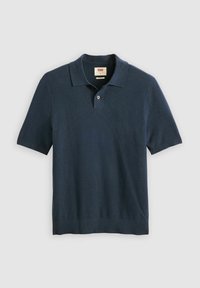 Navy lyhythihainen polo-paita, joka on valmistettu neulospunosta. Ominaisuuksiin kuuluu kaulus, kaksipainikkeinen nappilista sekä ribbireunat hihoissa ja helmassa.