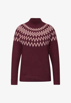 Pull en tricot bordeaux à manches longues avec un motif zigzag beige autour du col ras du cou et des épaules.