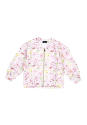 Veste zippée pour enfants rose clair avec un motif floral pastel, manches longues, poignets et ourlet élastiques.