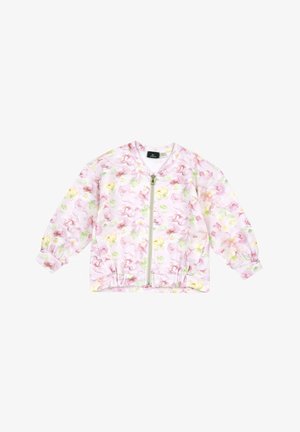 Veste zippée pour enfants rose clair avec un motif floral pastel, manches longues, poignets et ourlet élastiques.