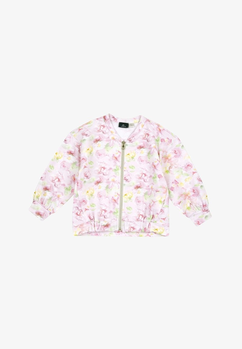 Veste zippée pour enfants rose clair avec un motif floral pastel, manches longues, poignets et ourlet élastiques.