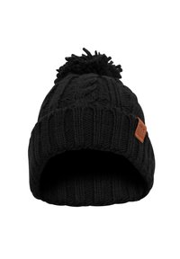 Black knitted beanie hat with a pom-pom on top, featuring a textured cable pattern and a small leather branded tag on the front.