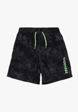 Schwarze Badehosen mit einem dezenten Blumenmuster, elastischem Bund mit einem grünen Kordelzug und einem in leuchtendem Grün seitlich aufgedruckten Logo.