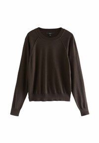 Donkerbruin gebreide sweatshirt met een ronde halslijn, geribbelde zoom en lange mouwen met raglan naden. Zacht, gestructureerd materiaal.