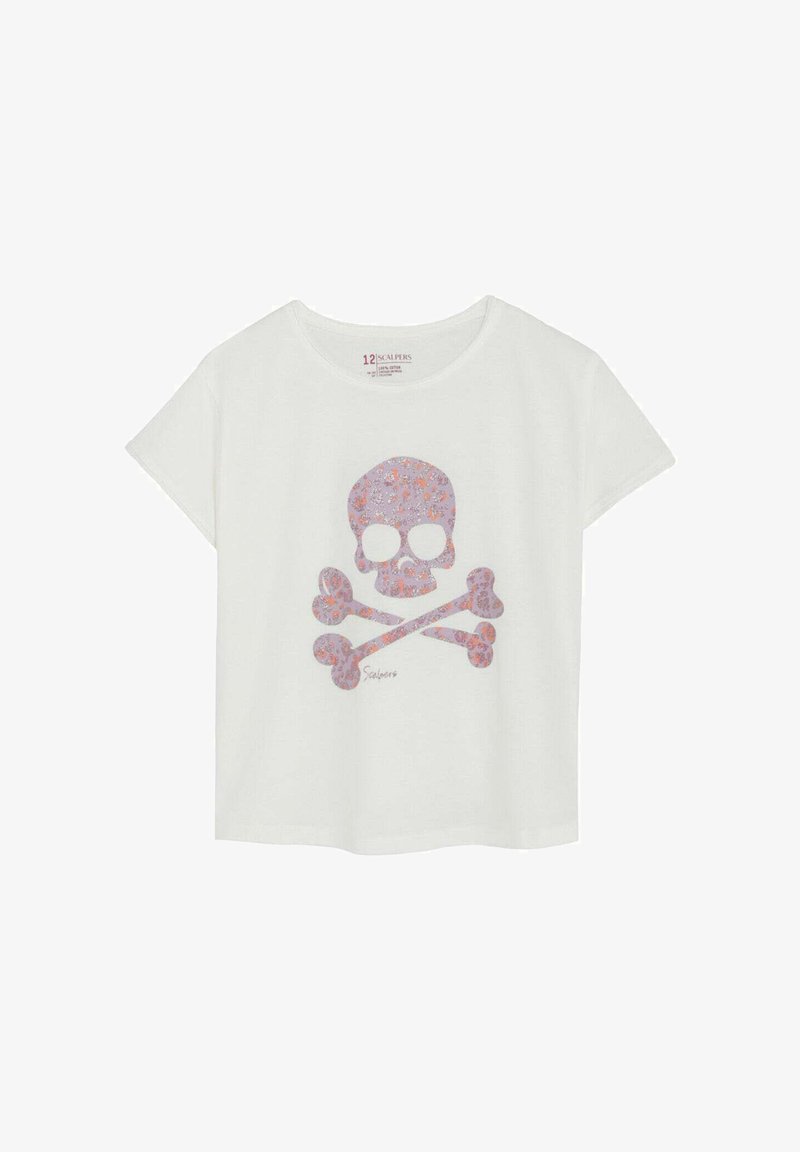 T-shirt blanc à manches courtes avec un motif de crâne et os croisés floral rose et violet imprimé sur le devant.