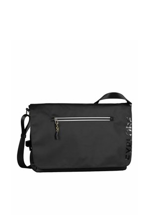 Black rectangular messenger bag with adjustable shoulder strap, front zipper pocket, and the word "EXPLORE" vertically on the front flap.