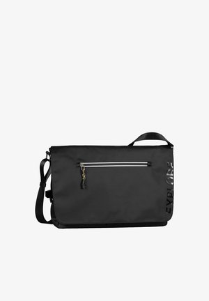 Black rectangular messenger bag with adjustable shoulder strap, front zipper pocket, and the word "EXPLORE" vertically on the front flap.
