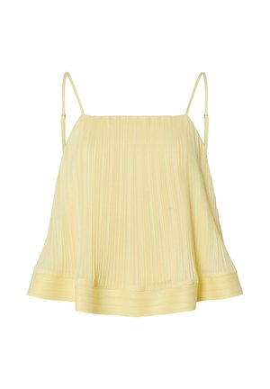 Gaiši dzeltens pleatots kamzolis ar plānām spaghetti siksniņām un mīkstu tekstūru, ar izplūdušu siluetu un joslu apakšmalā.