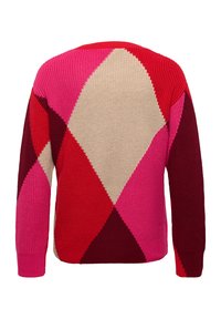 Gestrickter Pullover mit einem geometrischen Rautenmuster in Rot-, Rosa- und Beigetönen. Rippbündchen an Ärmeln und Saum, mit lockerem Sitz.