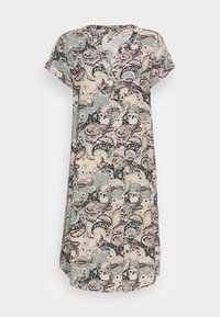 Vestido midi de manga corta con escote en V, que presenta un patrón de paisley y flores en tonos pastel de verde, rosa, beige y negro.