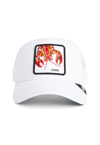 Casquette blanche avec un patch brodé représentant une langouste rouge, design carré avec une bordure noire, et le mot "CUISINIER" en bas.