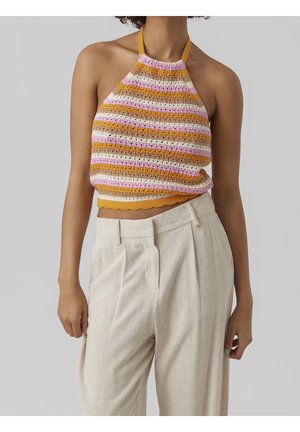 Strikket halter-top med flerfarvede vandrette striber i pink, orange og creme. Afskåret design med en bølget kant.
