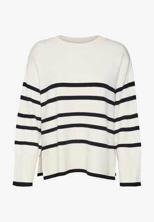 Witte gebreide trui met zwarte horizontale strepen, geribbelde manchetten en onderrand, relaxte pasvorm, ronde halslijn en zijsplitten op de taille.