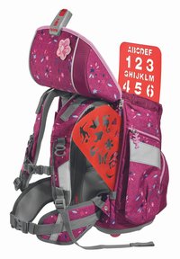 Sac à dos violet avec des motifs floraux et des accents gris. Il dispose de bretelles ergonomiques, d'un panneau rouge avec des chiffres et des lettres, et de plusieurs poches.