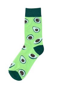 Grønne sokker med avocadomønster, der har en mørkere grøn ribkant og tå. Medium tykkelse og glat tekstur.