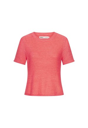 Koszulka z krótkim rękawem, okrągłym dekoltem w jasnoróżowym kolorze, wykonana z lekkiego, teksturowanego materiału, o luźnym kroju i bez widocznych zapięć.