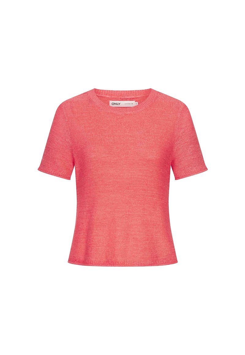 Pohodlný top s krátkým rukávem a kulatým výstřihem v jasně růžové barvě, vyrobený z lehké strukturované látky, s volným střihem a bez viditelných zapínání.