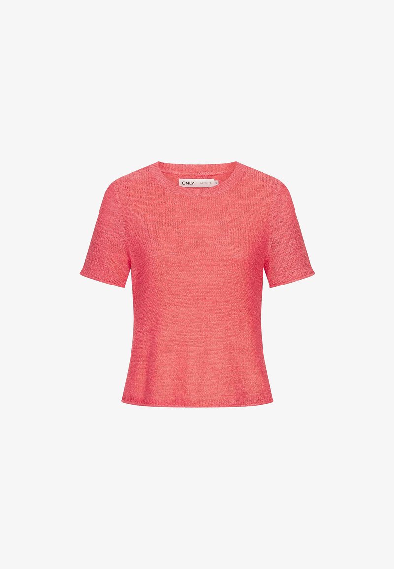 Pohodlný top s krátkým rukávem a kulatým výstřihem v jasně růžové barvě, vyrobený z lehké strukturované látky, s volným střihem a bez viditelných zapínání.