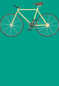 Bicyclette jaune avec selle marron, pédales noires et roues argentées. Design simple avec un cadre minimaliste et des rayons sur fond bleu-vert.