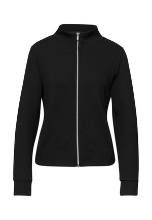 Musta, teksturoitu vetoketjullinen takki, jossa on pitkät hihat ja pystypiikki, suunniteltu istuvaksi siluetiksi.