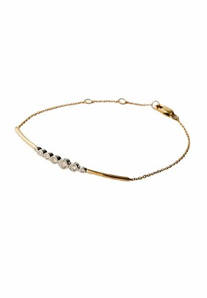Pulsera delicada de cadena de oro con una barra curva que presenta seis pequeños diamantes redondos y un cierre de langosta.