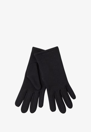 Gants en tissu noir avec une texture lisse, présentant un poignet droit et des doigts bien définis, conçus pour la chaleur et la dextérité.
