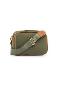 Olivgrüne Umhängetasche aus Nylon mit braunen Akzenten, einem Stoffriemen, rechteckiger Form und Reißverschluss.