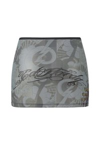 Grauer Rock mit einem gemischten Muster aus Wolken, Blitzen und floralen Elementen, mit einem schwarzen Taillenbund und glatter Textur.