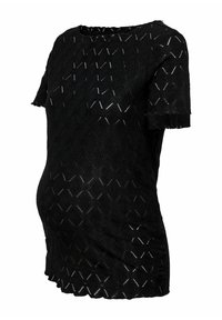 Haut de maternité noir à manches courtes avec motif en dentelle géométrique et bords festonnés aux manches et à l'ourlet.