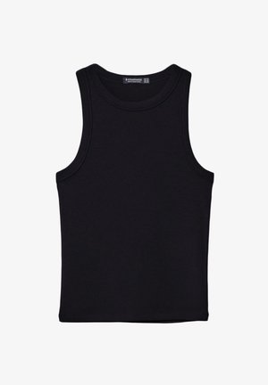 Czarny top na ramionczkach wykonany z bawełny, z okrągłym dekoltem i szerokimi wycięciami na ramionach. Gładka tekstura z przeszytymi brzegami. Klasyczny, minimalistyczny design.