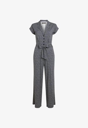 Granatowy kombinezon z zapięciem na guziki z przodu, krótkimi rękawami i paskiem w talii. Charakteryzuje się geometrycznym wzorem i szerokimi nogawkami. Lekka tkanina.
