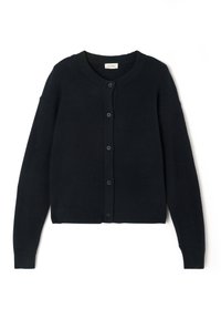 Temno modra jopica iz mehkega pletenega materiala, z okroglim izrezom, zapenjanjem s gumbi na sprednji strani ter rebrastimi manšetami in robom.