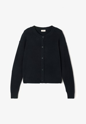 Granatowy kardigan wykonany z miękkiej dzianiny, z okrągłym dekoltem, zapięciem na guziki z przodu oraz prążkowanymi mankietami i dolnym brzegiem.