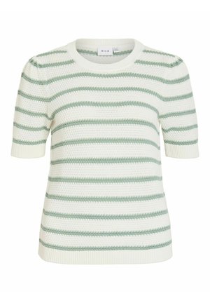 Pull en maille blanc à manches courtes avec des rayures horizontales vert clair et col, poignets et bas en côtes, étiqueté "VILA."